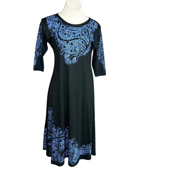 Saragraphics Original Blue Tree Floral Print Knit Swing Dress Size Small - Picture 1 of 10